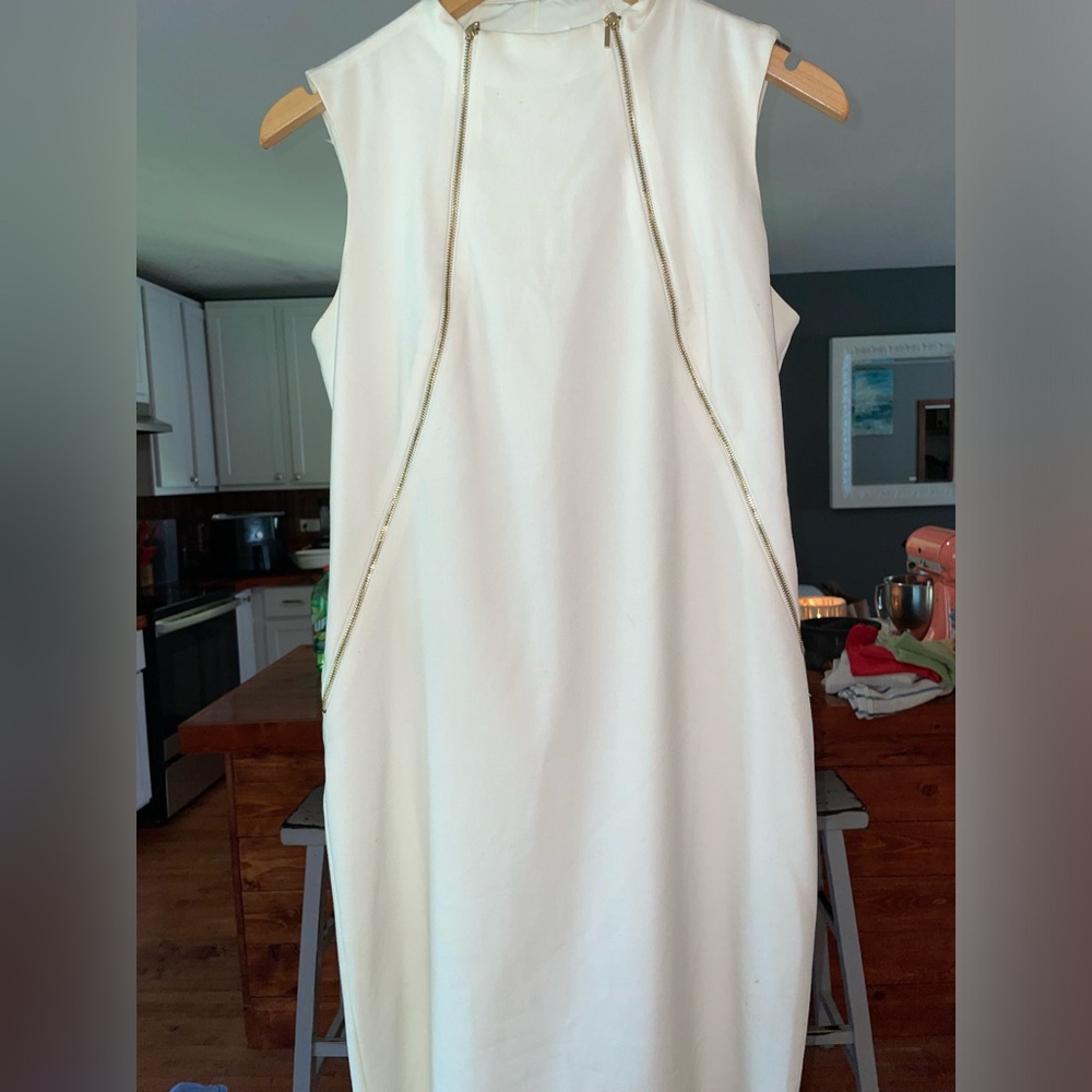 Calvin Klein Shell White under knee length dress. Elegant. WILL DRY CLEAN!